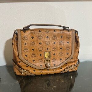 MCM Visetos Cognac Messenger Bag Shoulder Leather Purse Authentic Pre-loved